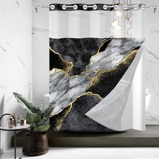 No Hook Shower Curtain with Snap in Liner 71"W x 74"L Pack of 1 Black Marble