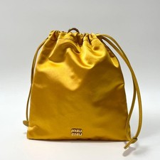 MIU MIU pouch drawstring satin yellow logo hardware Gift Present from Japan Used