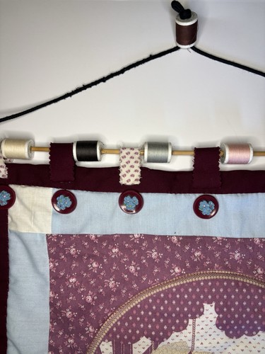 Vintage Homemade Cottage Wall Hanging Quilt With Sowing Thread, & Buttons - Picture 5 of 6