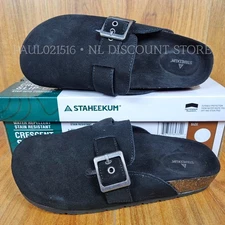STAHEEKUM Women's Crescent Suede Slip-On Clogs Water Repellent ~ Black