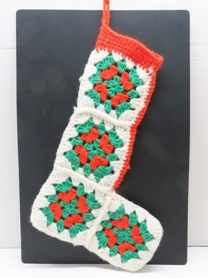  Christmas Stocking Granny Square Crochet 18''  Vintage D3337