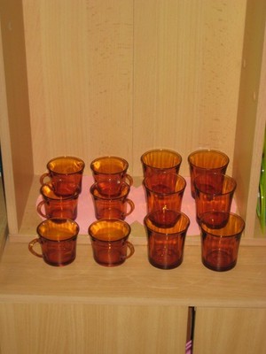 Duralex - France   6 x Expresso Tassen + 6 x Wasserglas   braunes Glas   ca 1970