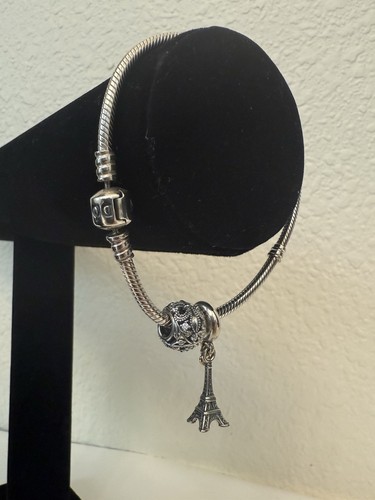 PANDORA Sterling Braided Charm Bracelet Barrel Clasp, Eiffel Tower Dangle heart