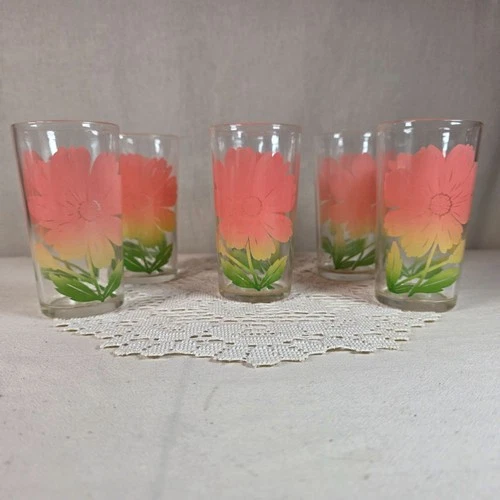 Vintage Federal Franciscan Hibiscus Glass Juice Tumblers Set Of 6 5" Floral Desi