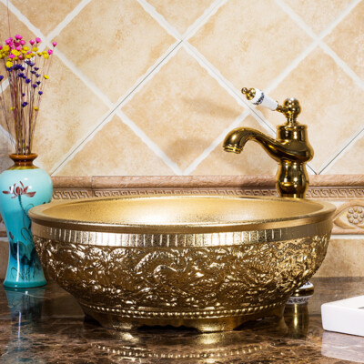 Round Gold Ceramic Bathroom Basin Vessel Sink Mixer Faucet Tap Pop-up Drain Set