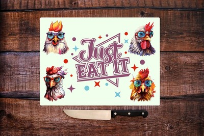 Just Eat It Cartoon Huhn strukturiertes Hartglas Hackbrett mit Hühnern