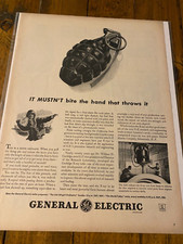 1944 General Electric The Hand That Throws It Hand Grenade WW II ad