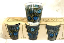 4 Vintage MOD Anchor Hocking BLUE & GREEN FLORAL LOW BALL GLASSES, New old Stock