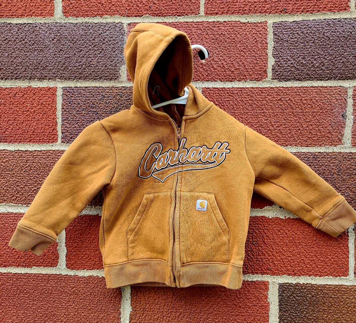 Boys CARHARTT Embroidered Zip-Up HOODIE Kids 2t Brown Cursive Spellout Stain