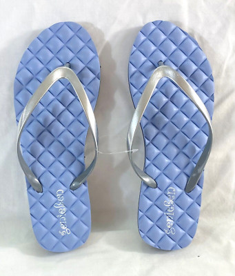 women's Genieben flip flop size 7/8 blue metallic strap embossed comfy sole