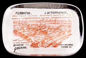 Antique Rectangle Glass Advertising Paperweight Medical Pharmacy Cocaine Quinine