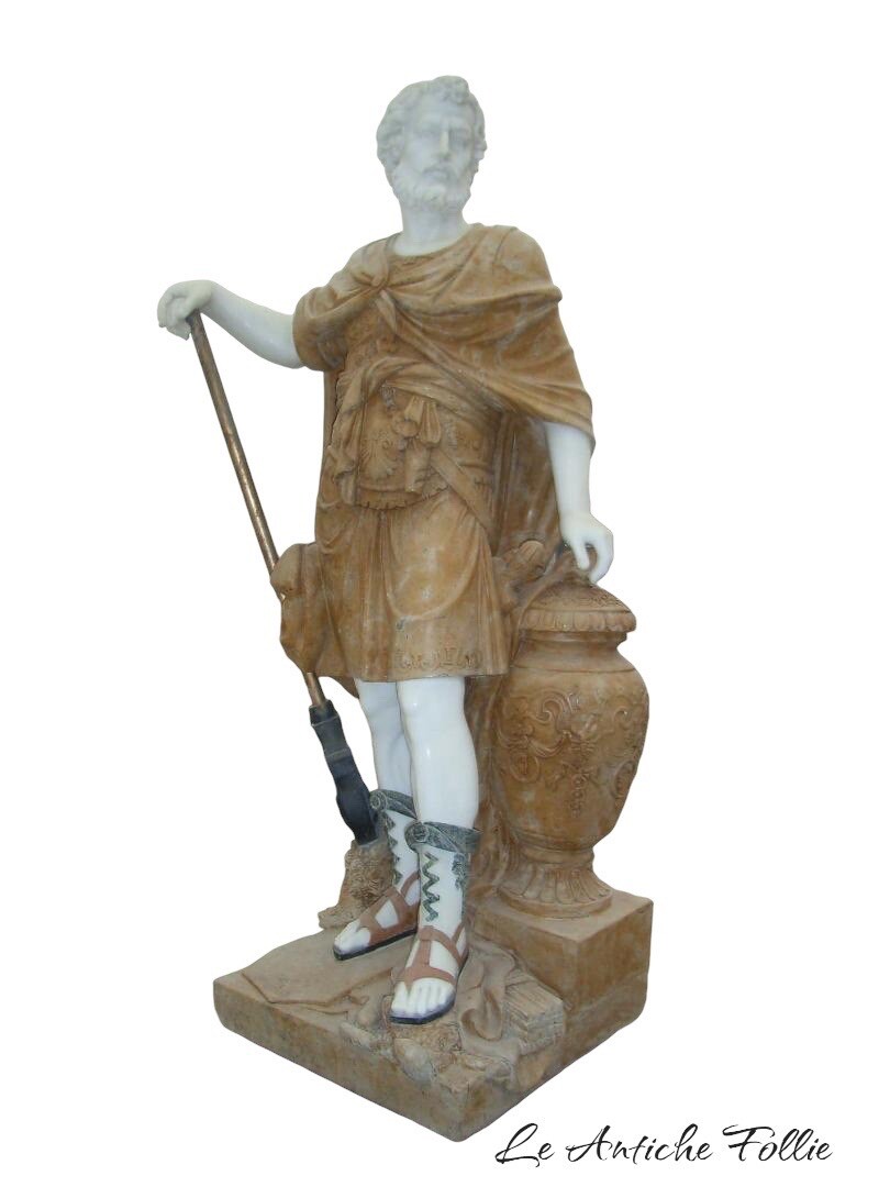 Statua in Marmo di Figura Romana con Bastone e Vaso 180 cm