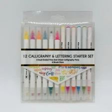 12 Calligraphy & Lettering Starter Set 6 Dual-Ended Fine/Chisel Pens 6 Brush Pen