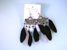 Antique silver tone black  gray feather BOHO dangle earrings 4"