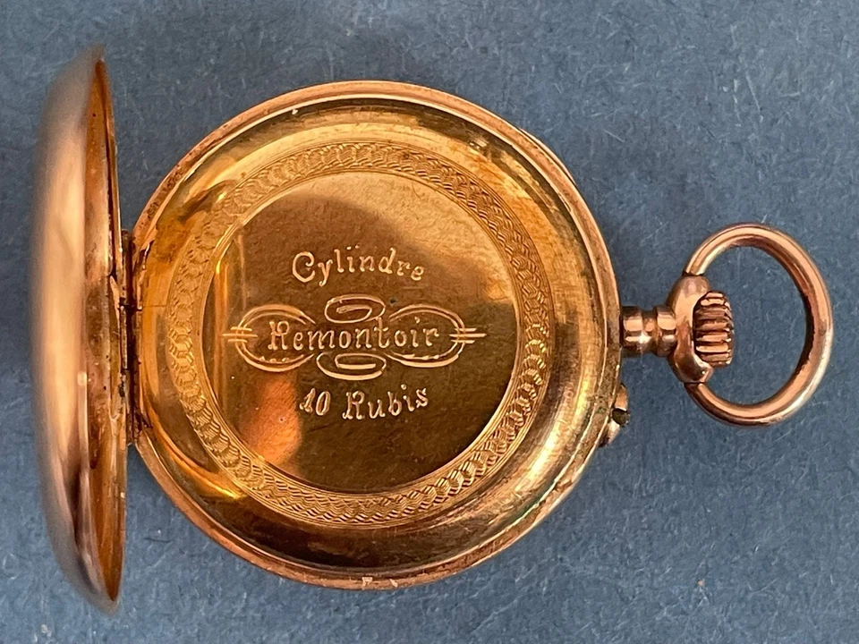 kleine goldene Taschenuhr, 585er Gold "Cylindre Remontoir 10 Rubins" - Bild 3 von 4
