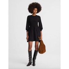 Madewell Long Sleeve Smocked Mini Dress Jet Black Crepe Minimalist XS NWT