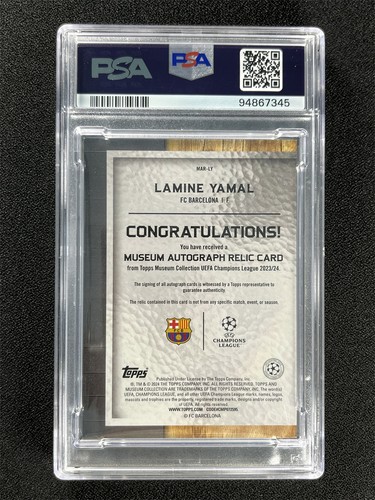 2023-24 Topps Museum Lamine Yamal Ruby GU Patch Relic RC RPA /25 PSA 10 Auto - Afbeelding 2 van 2