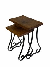 Vintage Petite Pair of French Oak & Wrought Iron Nesting Tables