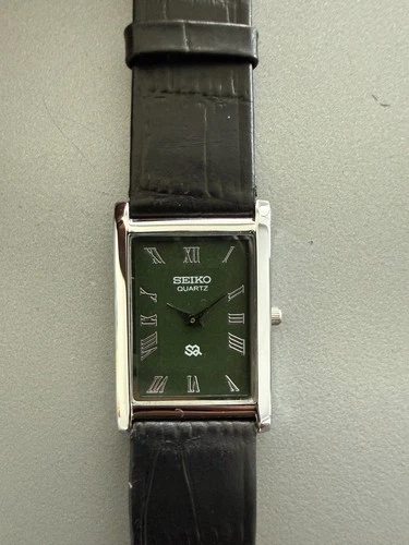 Vintage Seiko Tank Wrist Watch Refurbished Green Dial Silver Bezel Black Strap