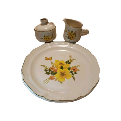 Vintage Sangostone Butterfly Serving Plate Sugar Creamer Korea Floral 