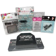 EK Success Birthday Cupcake Punch w/ Birthday Clear Cling &Rubber Stamps S/5 NEW