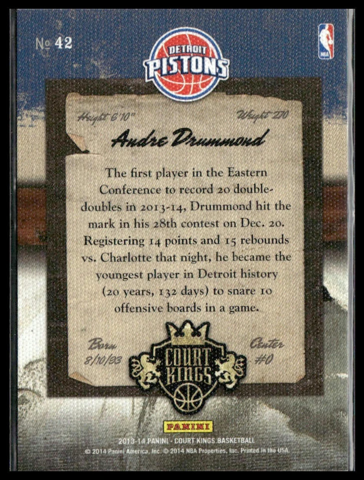 2013-14 Panini Court Kings #42 Andre Drummond - Image 2 of 2