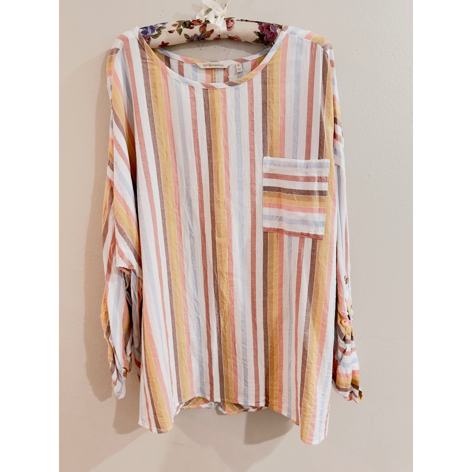 Soft Surroundings Multi Stripe Cotton Tencel Tunic Top 3X Roll Tab Sleeve