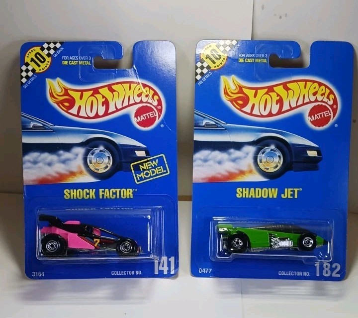 1990 Hot Wheels Shadow Jet #182 Speed Points Blue Card & 1991 #141 Shock Factor 
