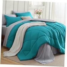 Comforter Set - 7 Pieces Reversible Teal Bedding Size Bed Set Queen 19 - Teal