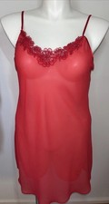 Sheer Red Lace Trim Nightgown Slip Chemise M/L Floral Appliqu 