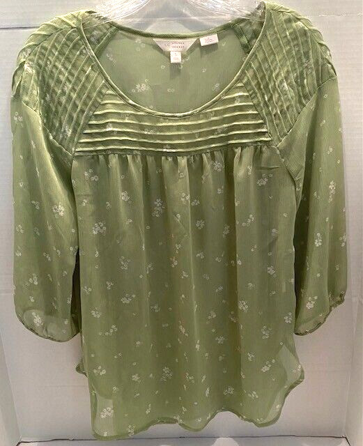 Lauren Conrad Women's Sz. S Green/White Floral Sheer 3/4 Sleeve Boho Chiffon Top