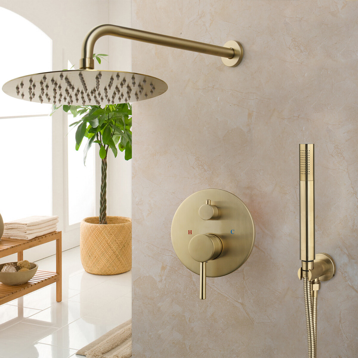Brushed Gold Bathroom Rainfall 9.8" Shower Head Mixing Valve Hand