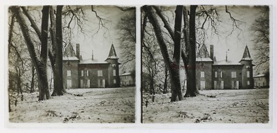 Frankreich Schnee kleines Schloss Foto Stereo P50L3n8 Glasplatte Vintage um 1930