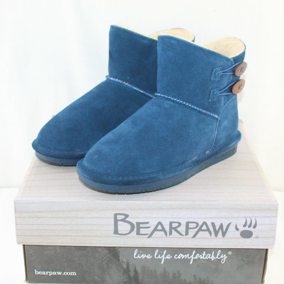 BEARPAW women button flat Slate Blue suede upper ROSY snow booties