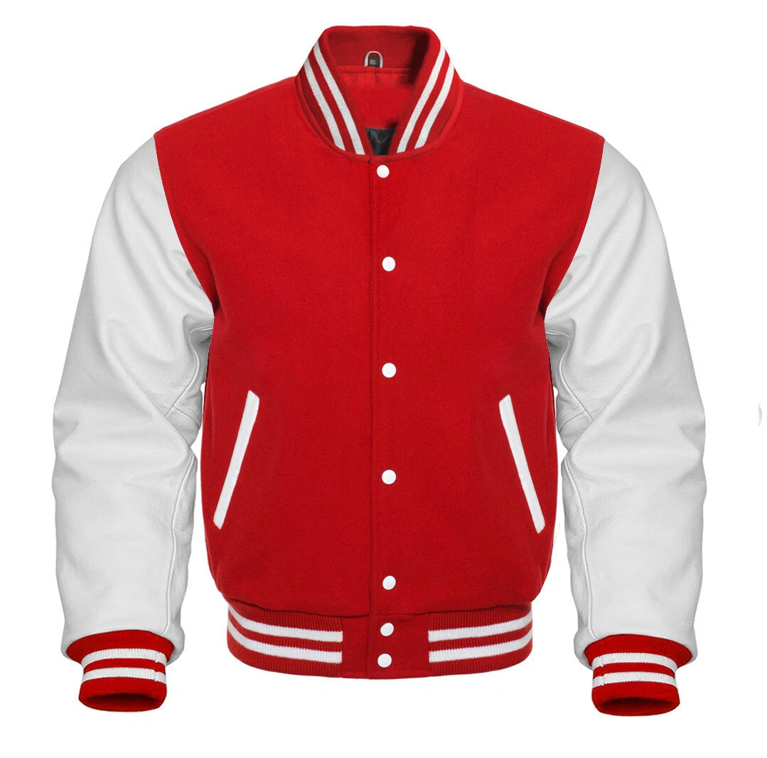 Men's Letterman Basketball Varsity Jacket Red Wool White Leather Sleeves Jackets