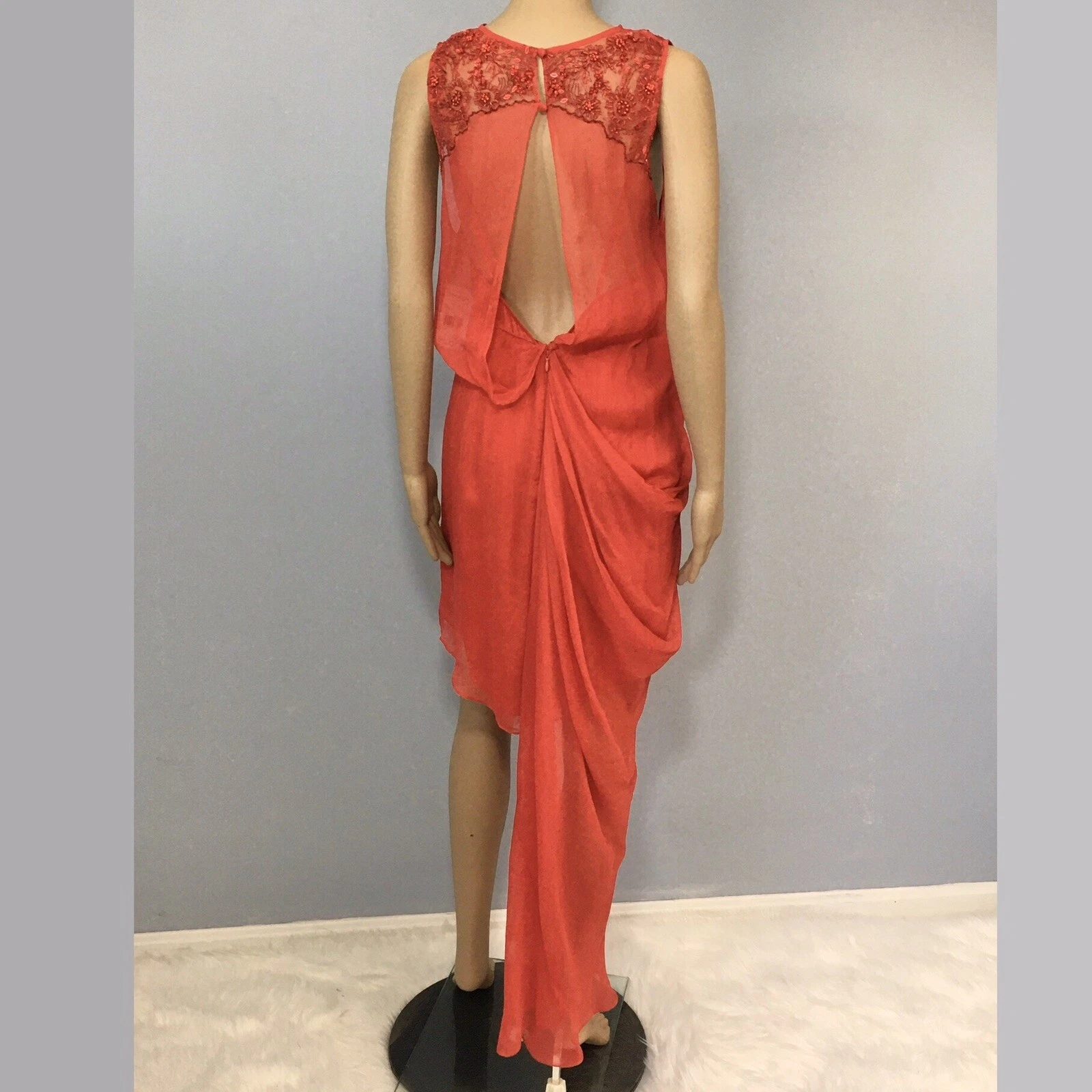 VALENTINO Free People Dress Size 2 Red Beaded Hi Low Draped Chiffon Christmas Holiday
