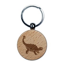 Ankylosaurus Dinosaur Engraved Wood Round Keychain Tag Charm