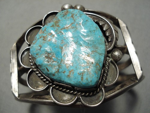 MUSEUM VINTAGE NAVAJO #8 TURQUOISE STERLING SILVER BRACELET OLD - Picture 2 of 7
