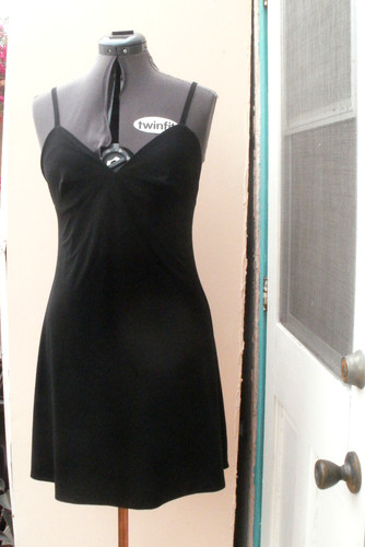 Norma Kamali, OMO Norma Kamali VTG 90s black jersey slip dress 10 stretch flare skirt 2 layers