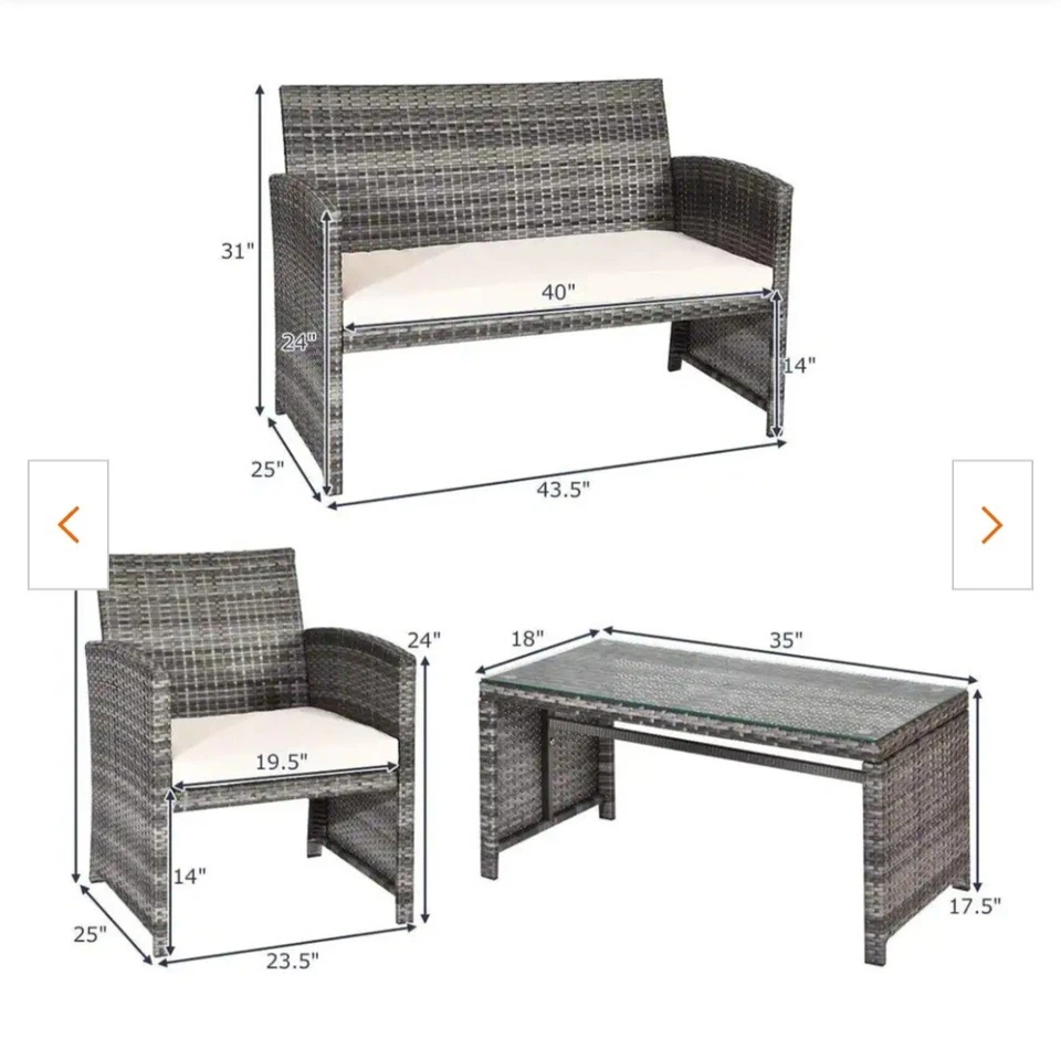 Juego de conversación de patio de mimbre de ratán gris mezclado de 4 piezas con cojines beige blanco  Foto 2 de 4