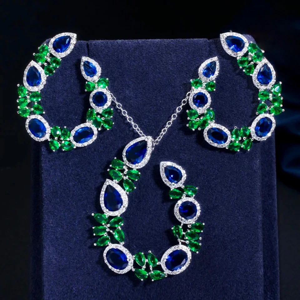 Pendientes collar zafiro azul creados en laboratorio enchapados en platino de plata de ley de 18 k Foto 2 de 4