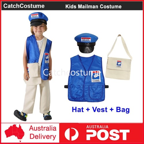 Kids Mailman Costume Mail Carrier Hat Mr. Postman Canvas Bag Halloween
