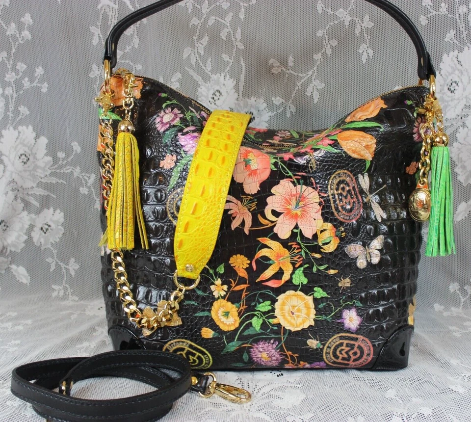Marino Orlandi Italia, Bolso de Mano de Cuero Floral en Relieve de Cocodrilo, Bolso holgado, Cartera -NUEVO CON ETIQUETAS
