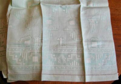 PR antique Art Deco GREEN Linen DAMASK Huck TOWELS GEOMETRICS unused 32''/21'' FAB