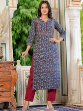 Indian Women Blue Cotton Floral Printed Kurta Kurti Causal Top Tunic New Dress