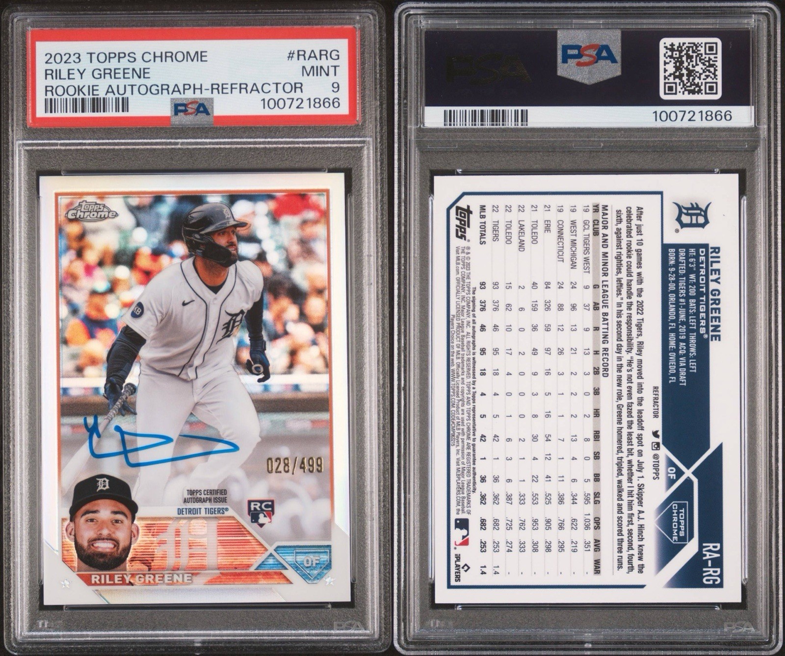 RILEY GREENE 2023 Topps Chrome Rookie Autograph Refractor /499 #RARG PSA 9