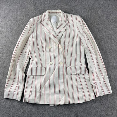 Sandro Blazer Damen UK 8 weiß gestreift zweireihig Leinen Baumwolle tailliert