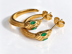 Authentic 18K Gold Plated Snake Stud Earrings Green Cz Serpent