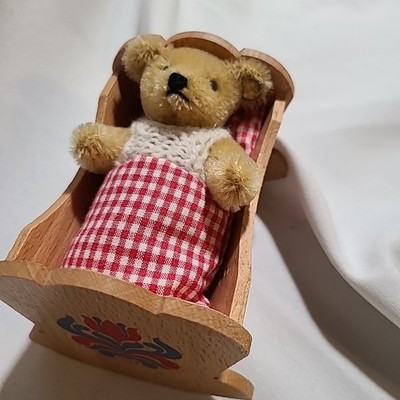 STEIFF Giengen Baby mini Teddy Bear in Cradle ONLY blonde mohair NO MAMA BEAR
