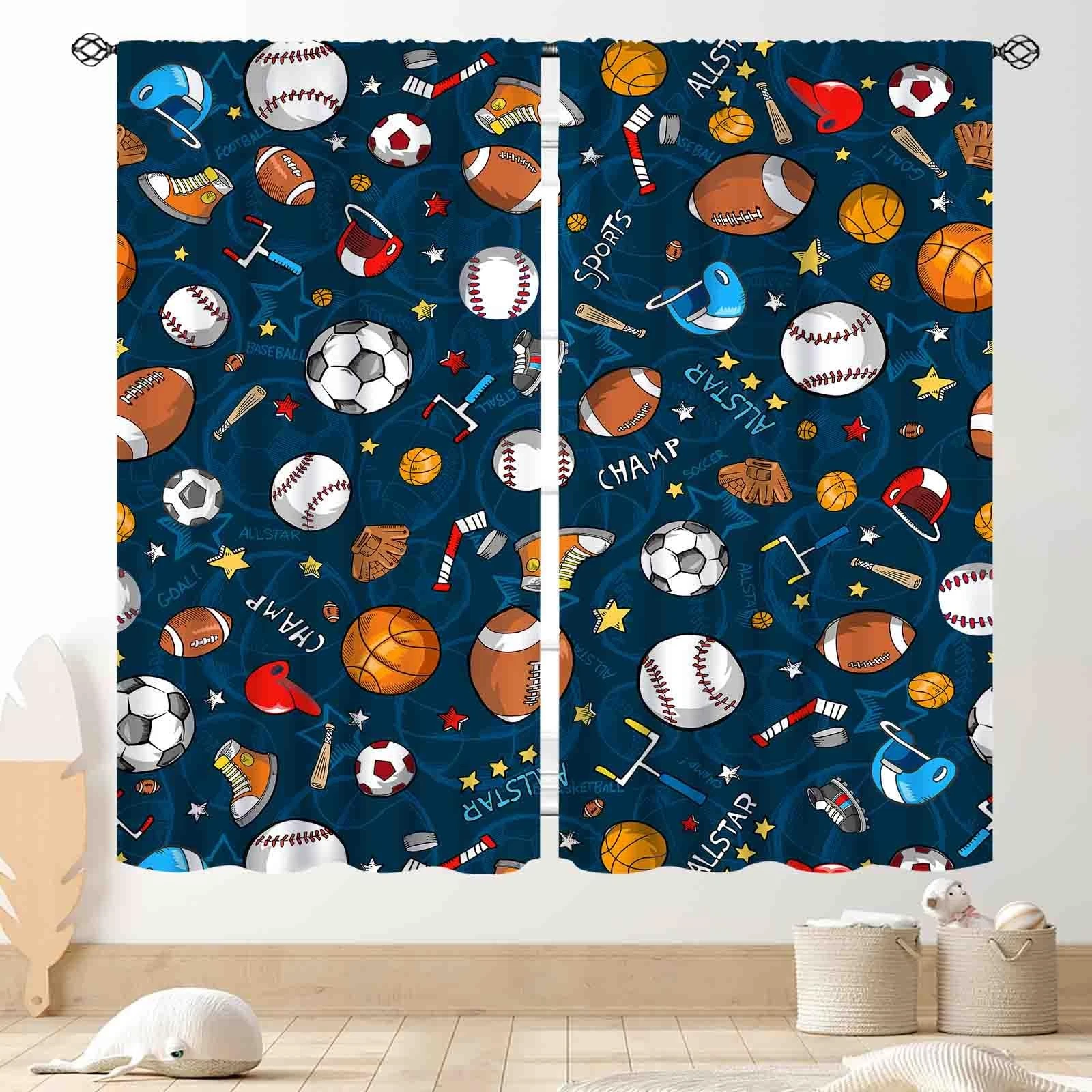 Tkuyo Boys Curtains For Bedroom Kids Basketball Soccer Football Baseball Sports